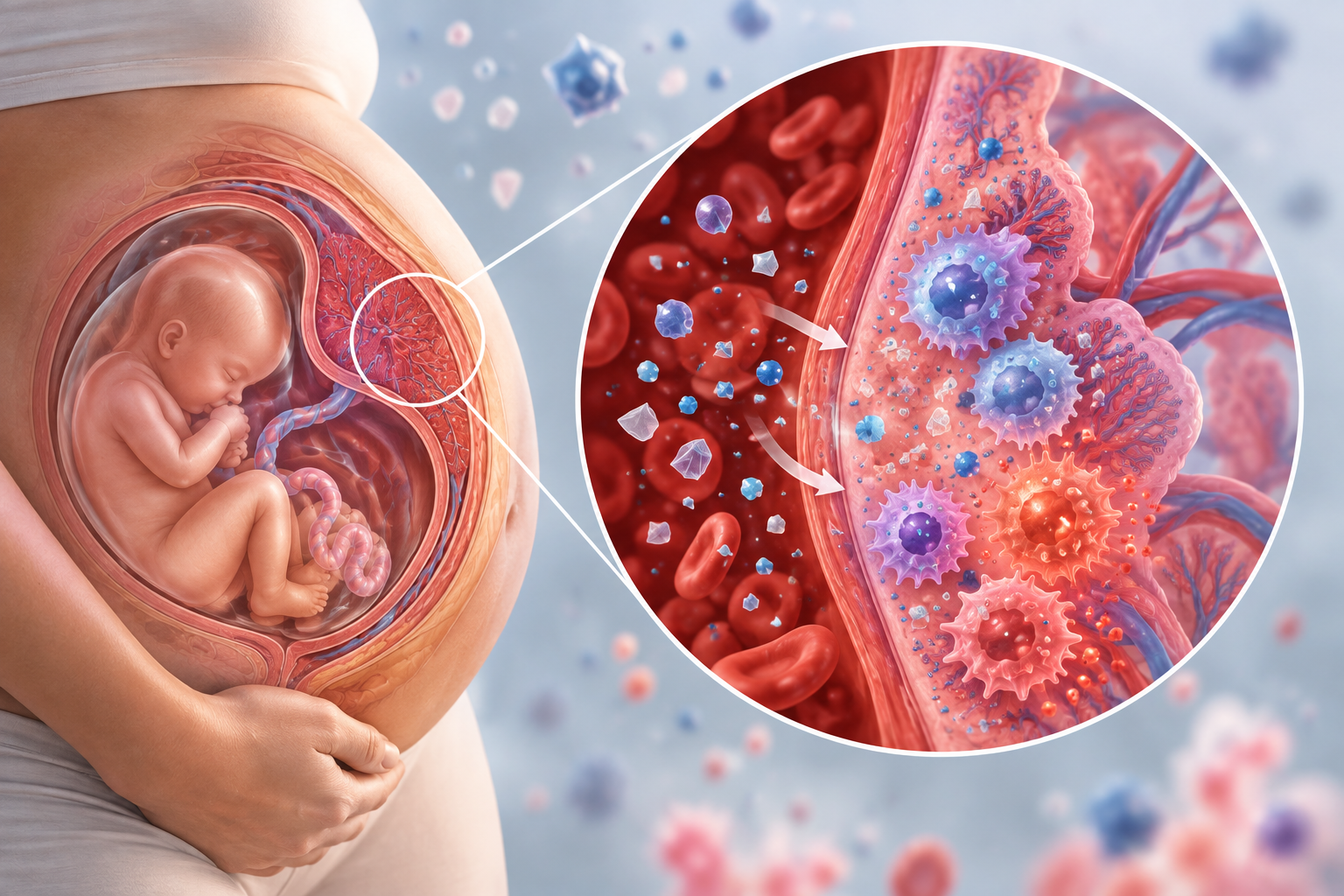 Illustratie van een foetus en placenta met nanoplasticdeeltjes en een ontstekingsreactie in het placentaweefsel.